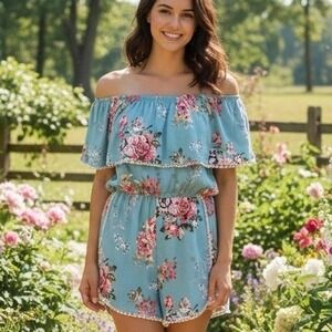 Rue 21 $38 Large Baby Blue Rose Floral Off Shoulder Romper Crochet Trim Shorts